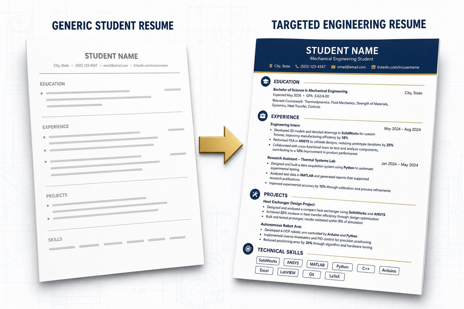 Comparison of a generic student resume next to a targeted engineering resume with quantified bullet points and technical skills